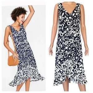Boden Elisa Navy & White Floral Ruffle Hem Jersey Dress Size 8R